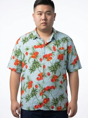 DC Comics Light Blue Hawaiian Shirt with Red & Green Tropical Print